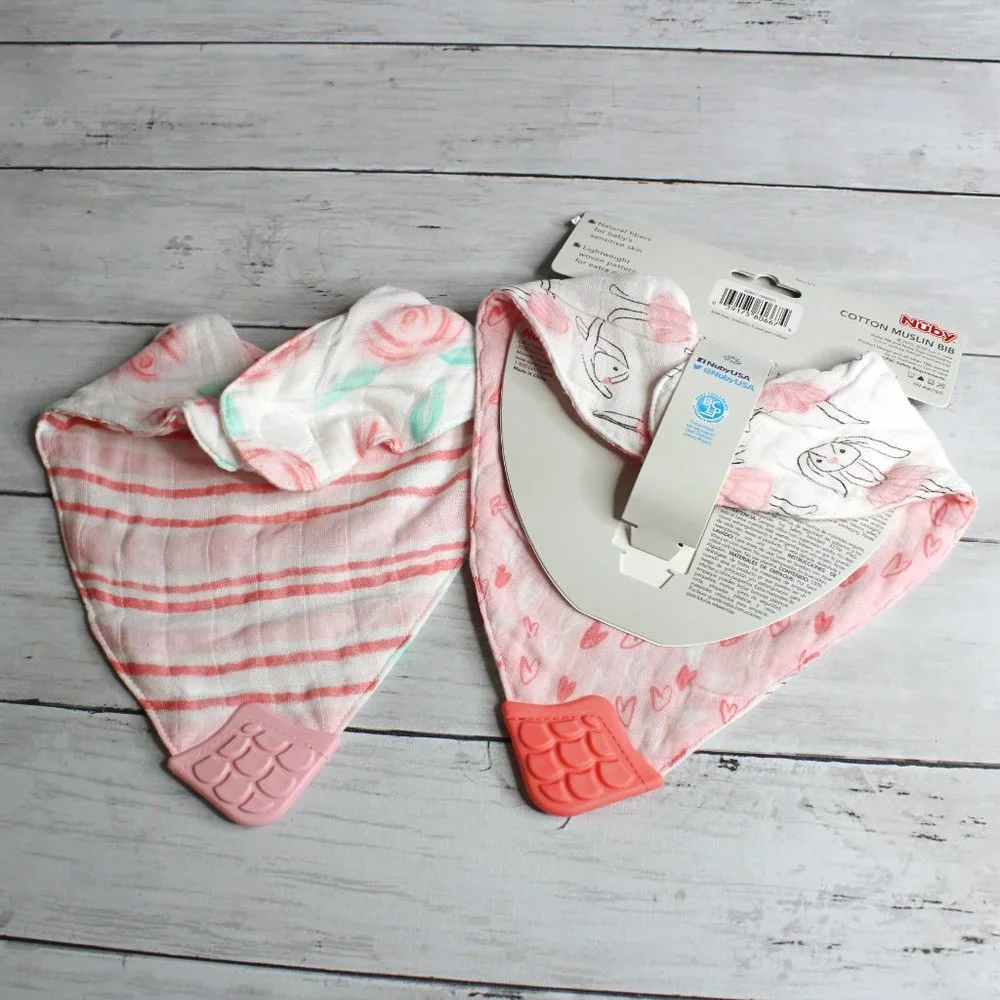 Nuby Baby Girl's Muslin Bandana Drool Bib Teething Set 100% Muslin Cotton